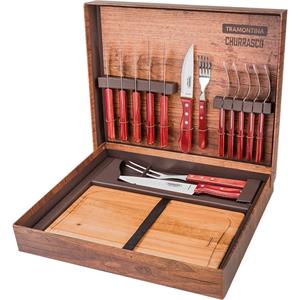 Jogo para Churrasco Tramontina em Aço Inox com Cabo de Madeira Polywood 15 Peças - Vermelho