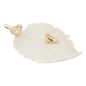 Folha Decorativa Rojemac Lyor em Cerâmica com Pássaros Branco/Dourado - 26cm