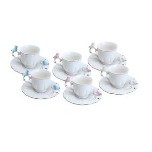 Jogo de 6 Xícaras para Café Rojemac Wolff Birds Round em Porcelana com Pires Colorido 100ml